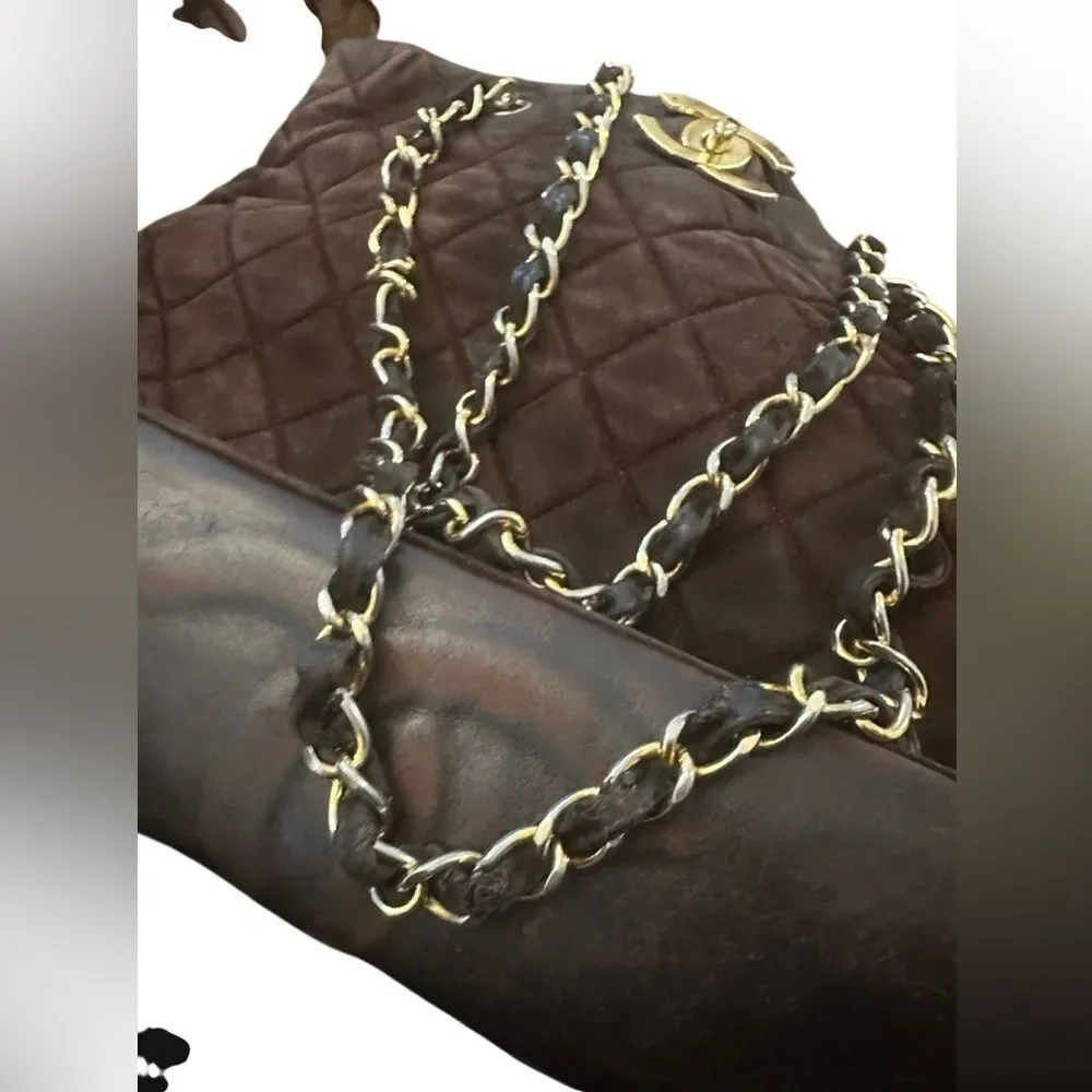 CHANEL Dark Brown Quilted Tote with Gold Chain